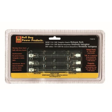 Bulldog 3 Pack 500W Halogen Bulbs, Clam Shell, T, 3 Bulb, 120V P10174